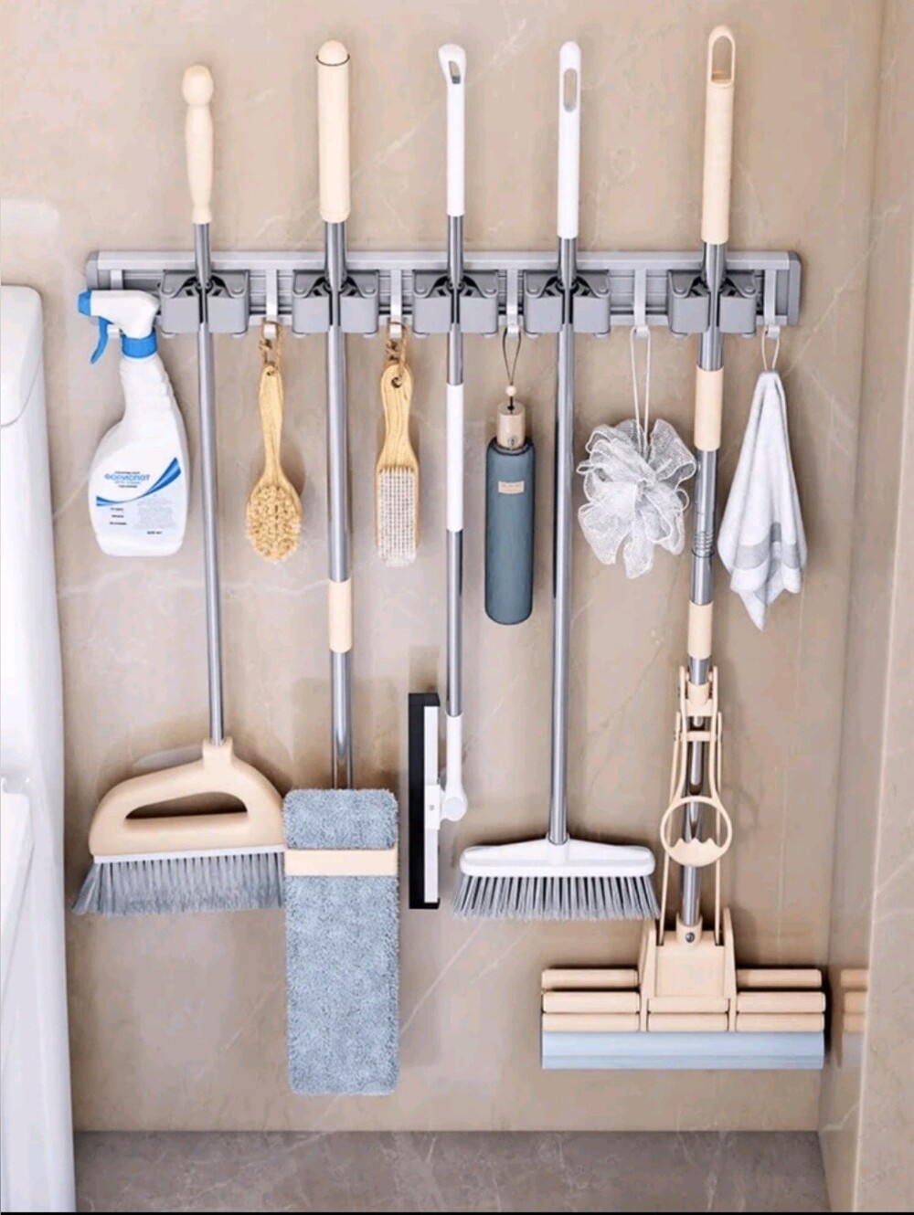 FIRM PRICE Rubbermaid Beige and Gray Wall-Mounted Mop and Broom Organizer